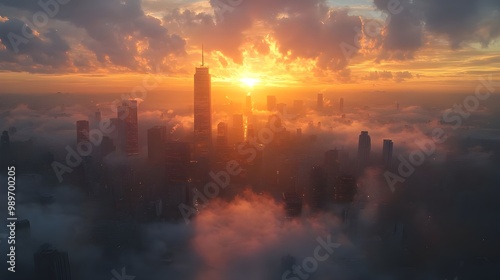 Sun rising over foggy city skyline creating stunning morning images