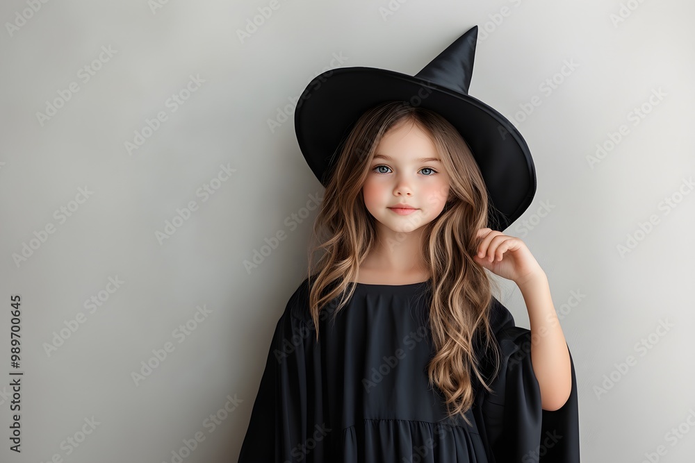 Little girl in witch costume isolated on light grey background. Halloween celebration concept. Party or children carnival. Happy holiday. Banner with copy space Little girl in witch costume isolated on light grey background. Halloween celebration concept. Party or children carnival. Happy holiday. Banner with copy space
