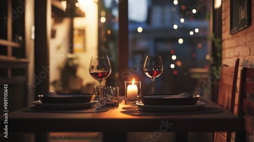 A cozy dining table for two in a small apartment, set with wine glasses, plates, and a romantic candle in the center.