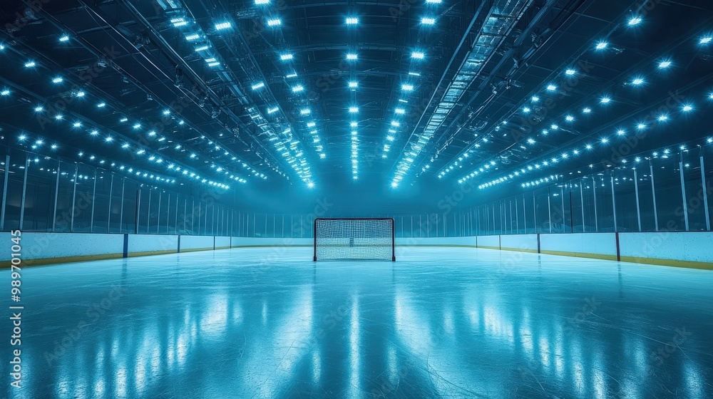 Glowing Hockey Goal in an Empty Arena with Soft Blue Lights Glowing Hockey Goal in an Empty Arena with Soft Blue Lights