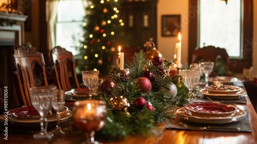 A dining table decorated for a holiday feast with festive decor, candles, and a centerpiece of greenery and ornaments.