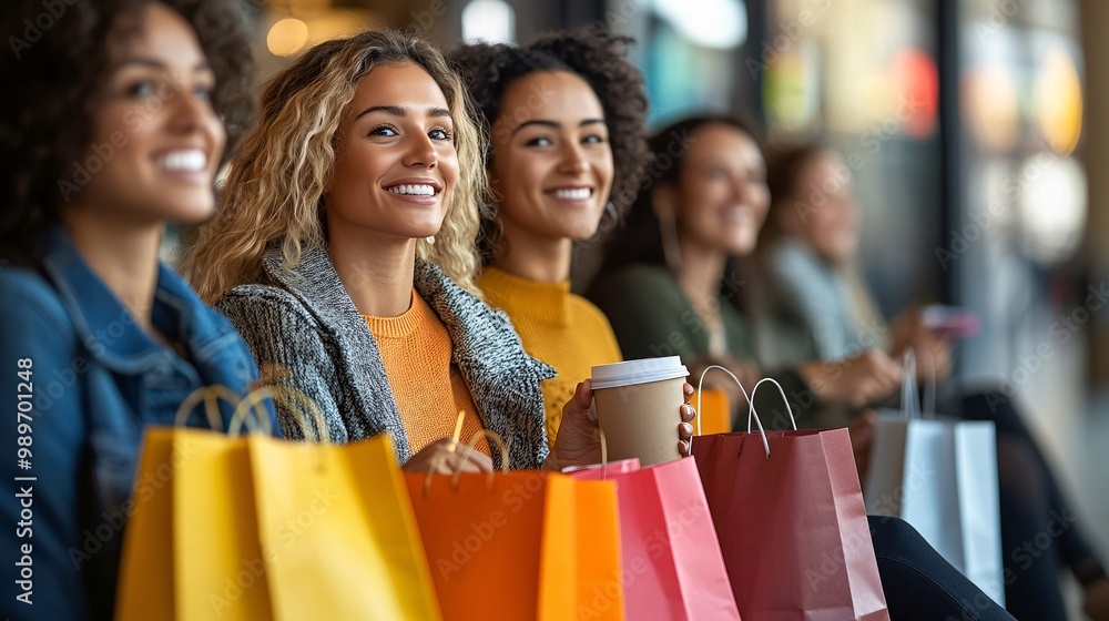 A diverse group of friends sitting in a cafe happily sharing their Pay Day plans while sipping on coffee surrounded by shopping bags Large space for text in center Stock Photo with copy space A diverse group of friends sitting in a cafe happily sharing their Pay Day plans while sipping on coffee surrounded by shopping bags Large space for text in center Stock Photo with copy space