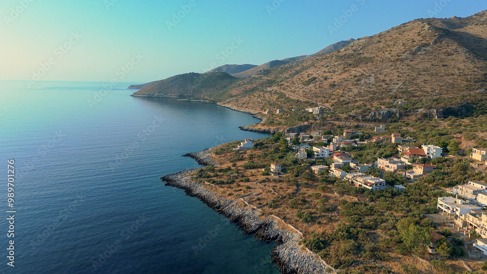 greece peloponnese region kokkala town seaside and architecture stone houses beaches and church aerial view greece peloponnese region kokkala town seaside and architecture stone houses beaches and church aerial view