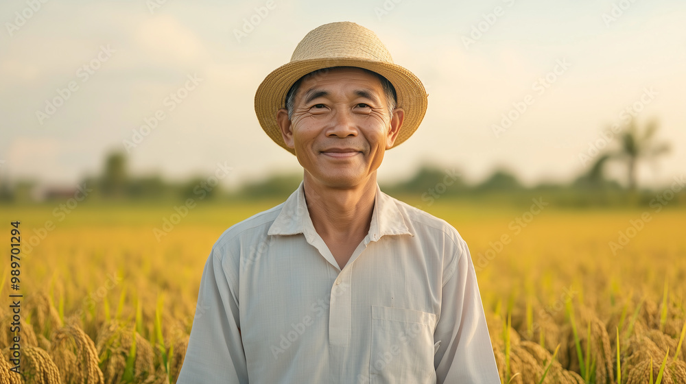A smiling man wearing straw hat stands in golden rice field, showcasing beauty of agriculture and rural life. His expression reflects joy and pride in his work. A smiling man wearing straw hat stands in golden rice field, showcasing beauty of agriculture and rural life. His expression reflects joy and pride in his work.
