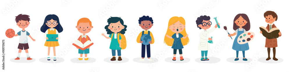 Flat Cartoon School Kids Subject Stickers - Science, Literature, Geography. Vector Illustration for Education and Learning. Colorful Minimalist School Sticker Design Template Flat Cartoon School Kids Subject Stickers - Science, Literature, Geography. Vector Illustration for Education and Learning. Colorful Minimalist School Sticker Design Template