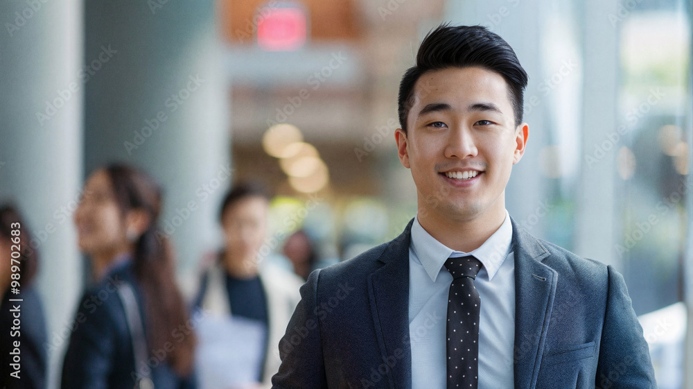 Smiling young professional in a suit indoors, symbolizing confidence, career ambition, and success in a corporate environment Smiling young professional in a suit indoors, symbolizing confidence, career ambition, and success in a corporate environment