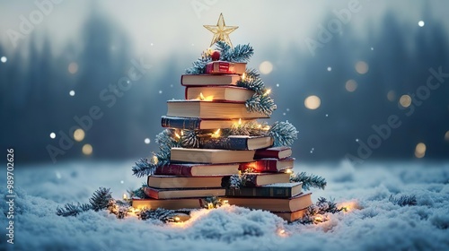 Holiday book sale featuring a festive Christmas tree made from colorful stacked books