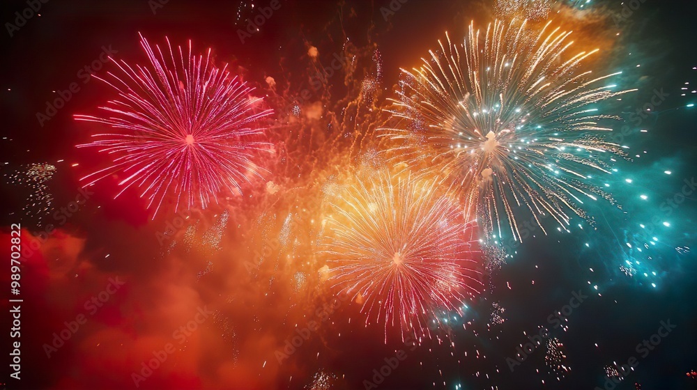 Fototapeta premium Radiant bursts of fireworks fill the black sky with vibrant beautiful colors