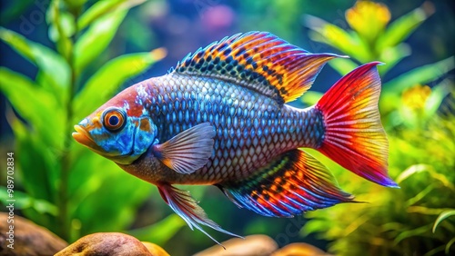 A colorful, exotic freshwater fish with a robust body and distinctive fins, swimming in a well-maintained aquarium, awaiting its new aquatic enthusiast owner. photo