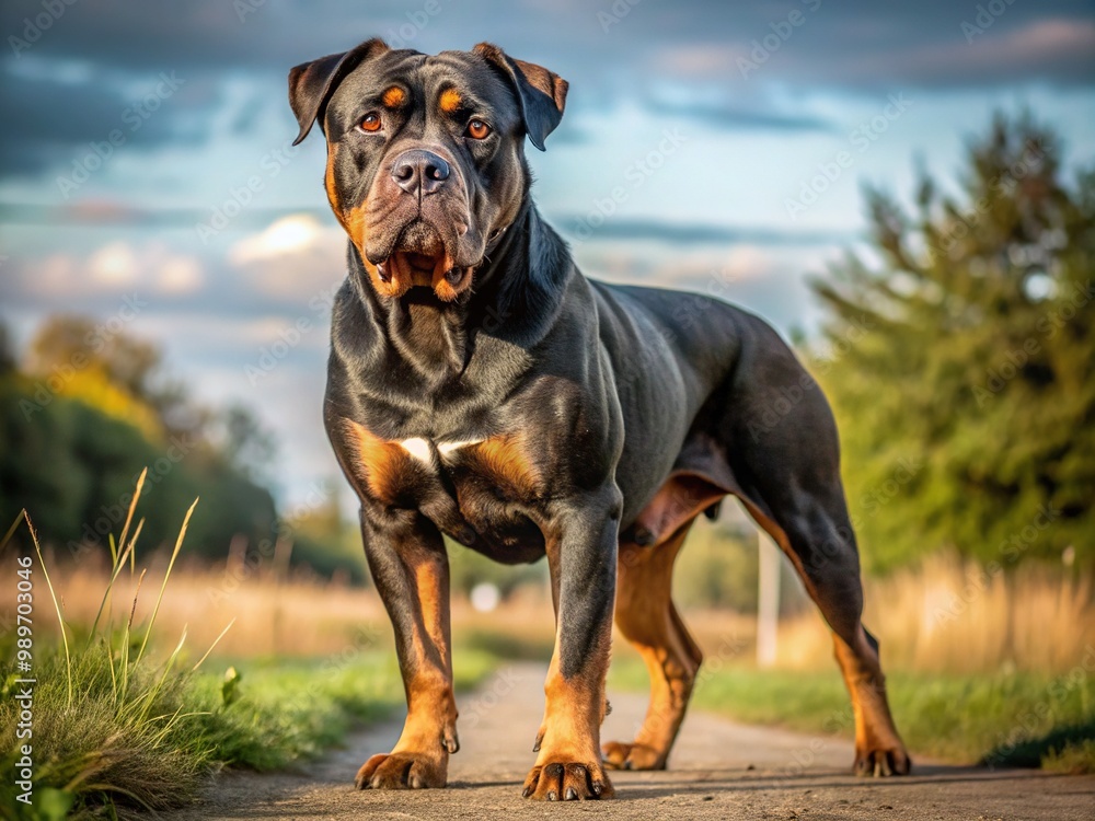 A muscular Combai dog with a distinctive black coat and piercing brown eyes stands proudly in a rural setting, showcasing its powerful build and intelligent gaze. A muscular Combai dog with a distinctive black coat and piercing brown eyes stands proudly in a rural setting, showcasing its powerful build and intelligent gaze.
