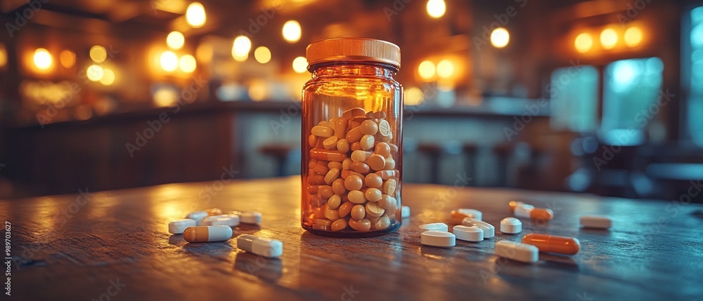 Close-Up of Cluttered Prescription Bottles on a Table with Various Labels and Medication Inside Close-Up of Cluttered Prescription Bottles on a Table with Various Labels and Medication Inside