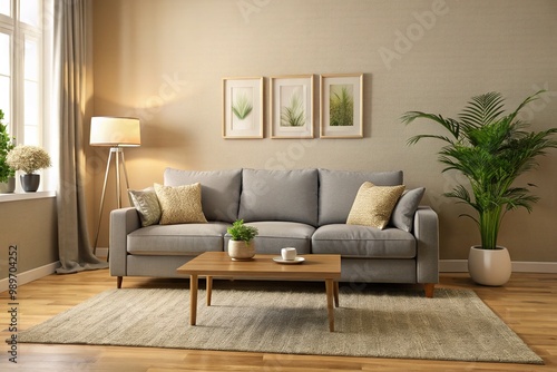 Cozy living room features a gray sofa with clean lines and low-profile arms, set against a warm beige carpet and neutral-toned walls.