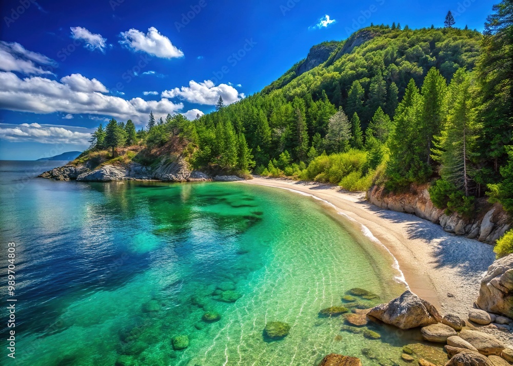 Fototapeta premium Sandy beach with calm turquoise waters and rocky shoreline surrounded by lush green hills and pine trees under a clear blue sky.