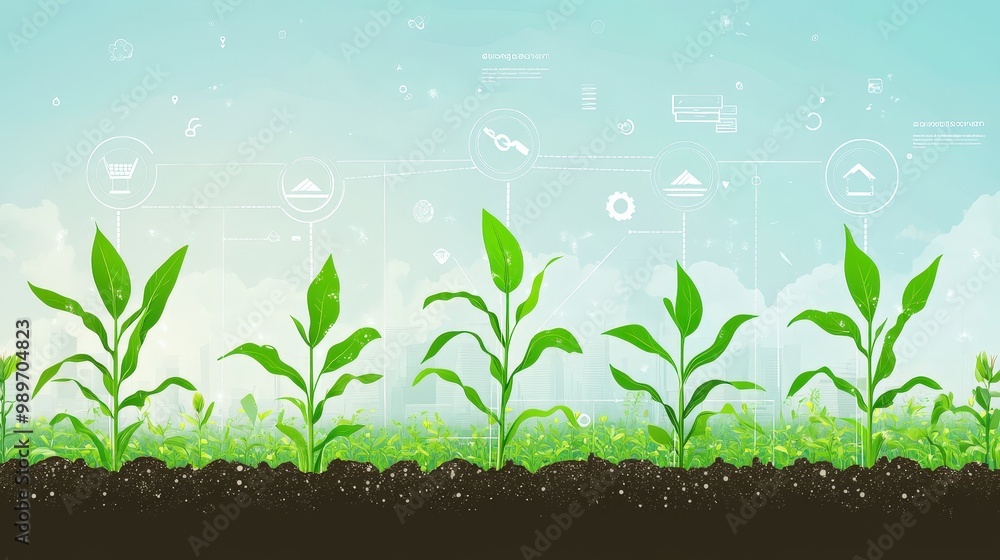 Fototapeta premium Modern Agricultural Technology: Precision Growth of Corn Seedlings - Minimalist Vector Illustration