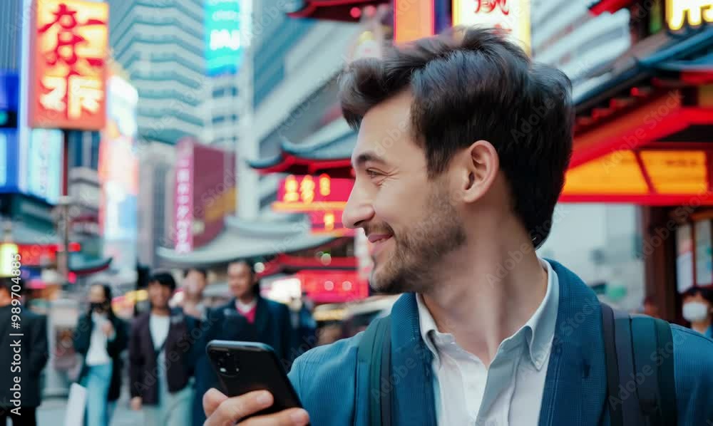 British Man Smiling and Using Mobile Phone in Tokyo Streets British Man Smiling and Using Mobile Phone in Tokyo Streets