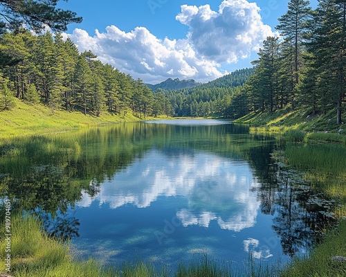 Serene Landscape of Wickiup Reservoir with Lush Greenery and Calm Water Under a Clear Sky photo