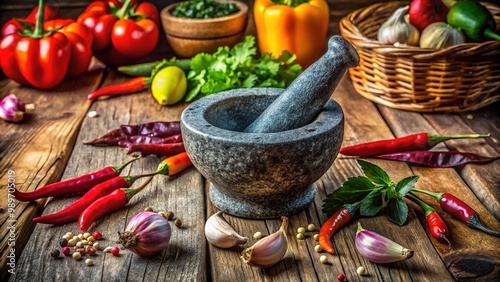 Traditional Mexican stone mortar, worn and weathered from years of use, sits atop a rustic wooden table, surrounded by fresh ingredients and vibrant spices.