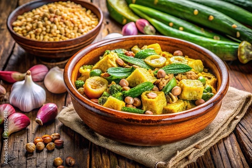 Vibrant yellow caruru dish from northeastern Brazil, featuring okra, onions, peanuts, and spices, served in a traditional clay pot on a rustic wooden table.