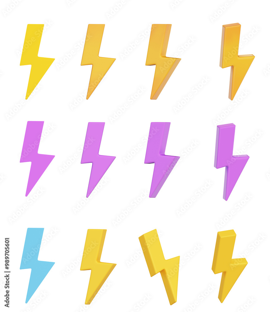 3d set of yellow, purple and blue charger symbol with rotation. Yellow ...