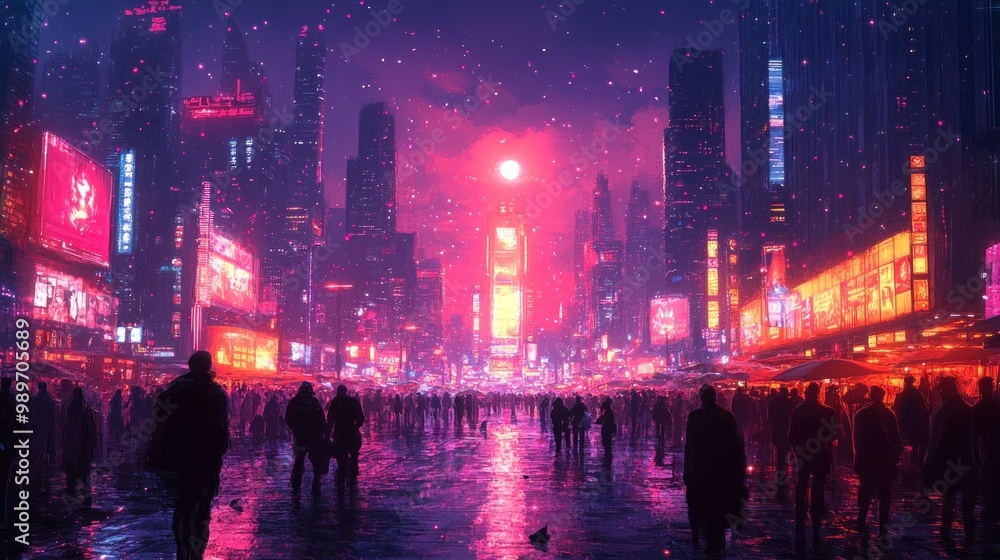 Fototapeta premium Neon Cityscape under a Red Moon