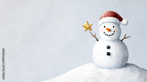 Noel snowman sitting on a tiny snow hill holding a Christmas star, watercolor style, isolated on white, soft colors, front view concept happy noel, concept happy Christmas