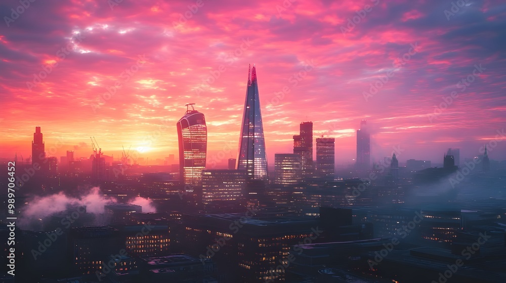 Fototapeta premium Sunlight filters through city fog creating breathtaking morning images