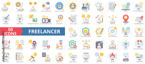 Freelancer icon collection set. Containing self employed, independent work, professional, website, worker, industries, skills icon. Simple flat color illustration.