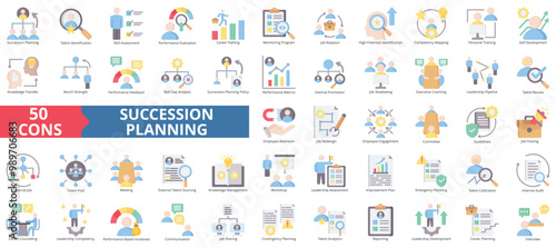 Succession planning icon collection set. Containing talent identification, skill assessment, performance evaluation, career path, job rotation, competence icon. Simple flat color illustration.