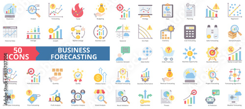 Business forecasting icon collection set. Containing prediction, analyze, data, trend, budgeting, accuracy, strategy icon. Simple flat color illustration.
