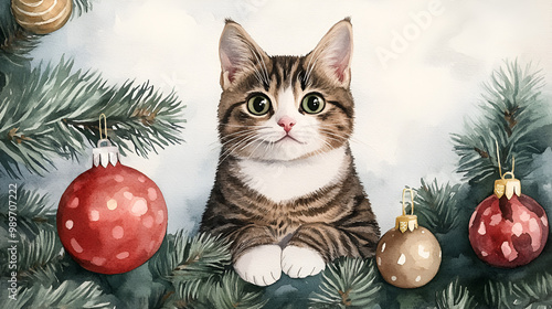 Noel kitten sitting by a Christmas tree with ornaments, watercolor, isolated on white, soft colors, joyful and festive concept happy noel, concept happy Christmas