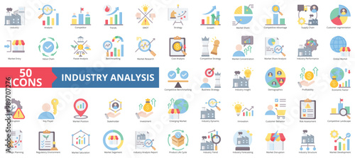 Industry analysis icon collection set. Containing competitor, trends, swot, strategy, growth, market share, competitive advantage icon. 