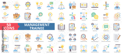 Management trainee icon collection set. Containing apprentice, leadership, development, skill, mentorship, supervisor, career icon. Simple flat color illustration.