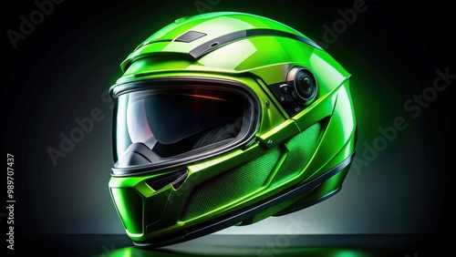 Futuristic neon green motorcycle helmet with technological gear on black background, futuristic photo