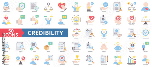 Credibility icon collection set. Containing trustworthiness, reliability, authenticity, integrity, honesty, dependability, accountability icon. Simple flat color illustration.
