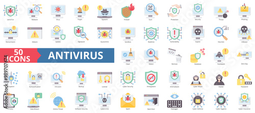 Antivirus icon collection set. Containing malware, security, trojan, spyware, firewall, scan, protection icon. Simple flat color illustration.