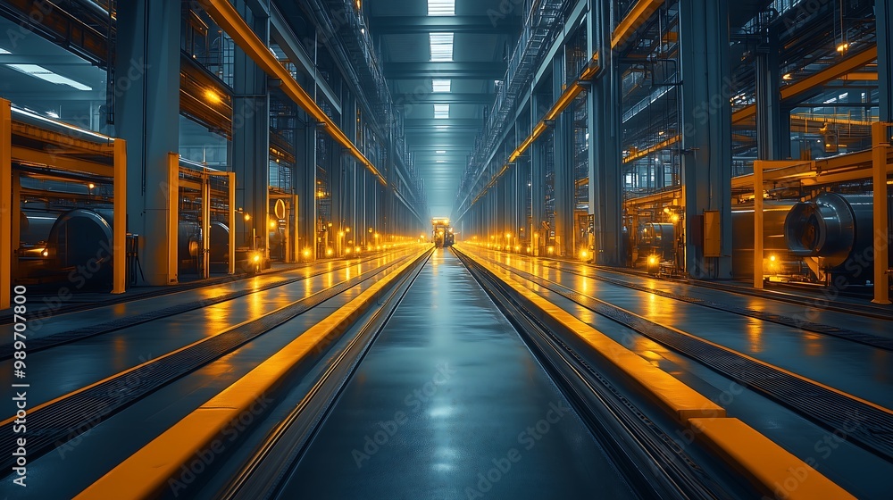 Wide View of Brightly Lit Industrial Warehouse with Machinery Wide View of Brightly Lit Industrial Warehouse with Machinery
