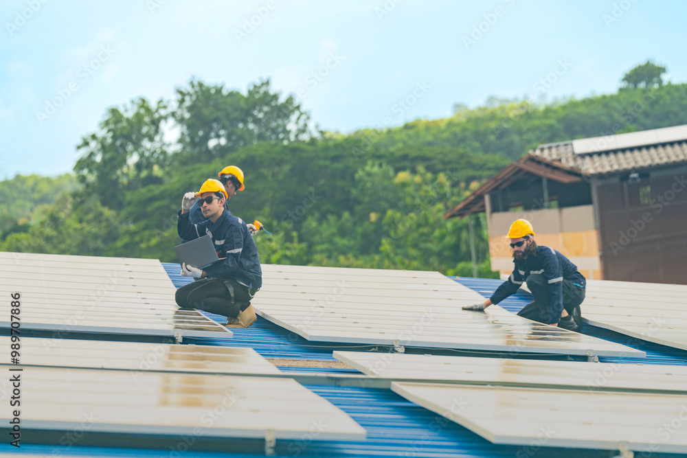 Worker Technicians are working to construct solar panels system on roof. Installing solar photovoltaic panel system. Men technicians walking on roof structure to check photovoltaic solar modules. Worker Technicians are working to construct solar panels system on roof. Installing solar photovoltaic panel system. Men technicians walking on roof structure to check photovoltaic solar modules.