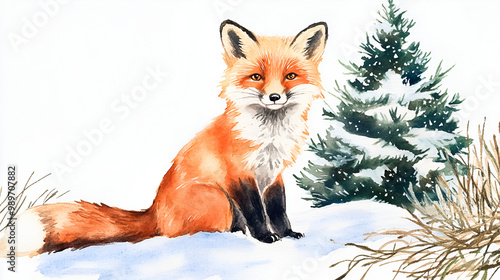 Noel fox cub sitting by a snow-covered Christmas tree, watercolor, isolated on white, soft brush strokes, warm and playful concept happy noel, concept happy Christmas