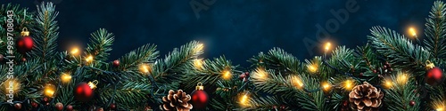 Seamless decorative christmas border with coniferous branches and garlands of christmas lights