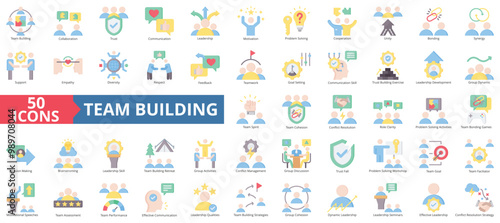 Team building icon collection set. Containing collaboration, trust, communication, leadership, motivation, problem solving, cooperation icon. Simple flat color illustration.