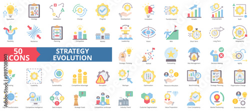 Strategy evolution icon collection set. Containing growth, transformation, adaptation, change, progress, development, innovation icon. Simple flat color illustration.
