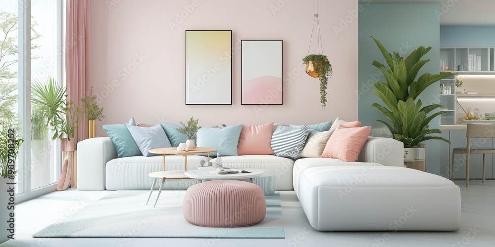 Obraz premium Cozy Living Room with Pastel Colors, Modern Furniture, and Natural Light