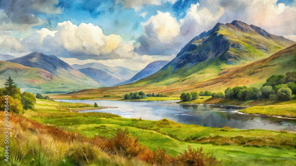 Impressionist watercolour of Scottish Highlands landscape, Scotland, highlands, mountains, moors, lakes, Loch Ness Impressionist watercolour of Scottish Highlands landscape, Scotland, highlands, mountains, moors, lakes, Loch Ness