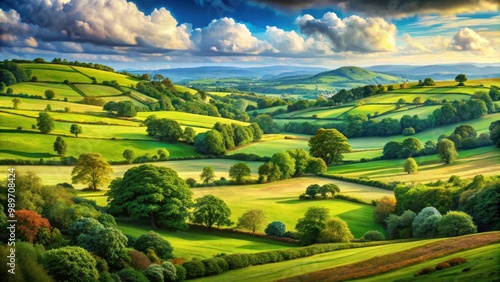 Acrylic painting of lush green English countryside in Summer, acrylic, painting, green, English, countryside, Summer, field