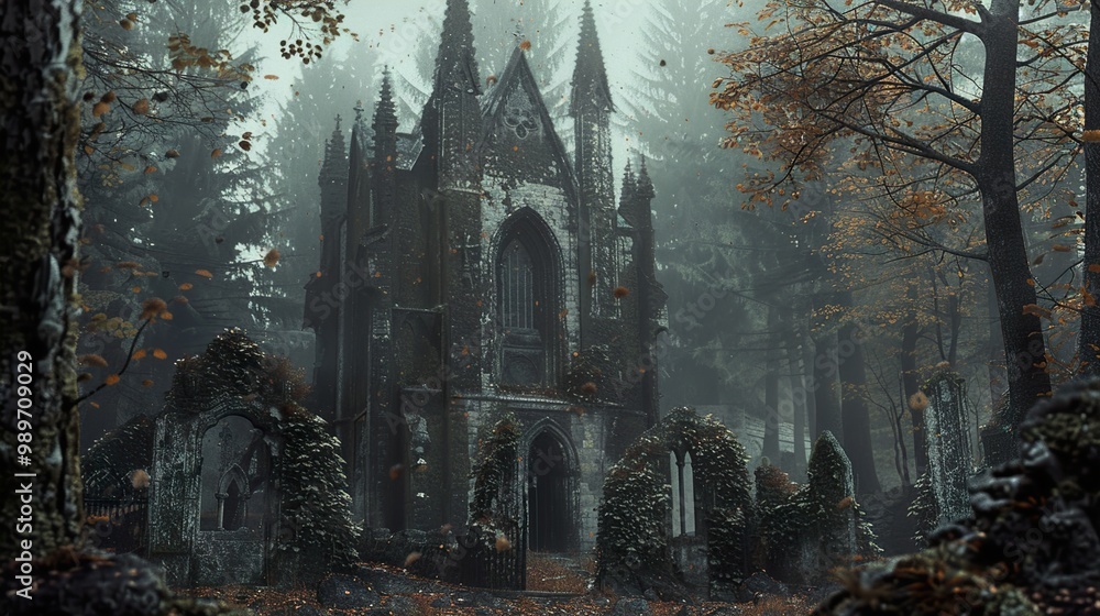 Mysterious Gothic Chapel in a Foggy Forest Mysterious Gothic Chapel in a Foggy Forest