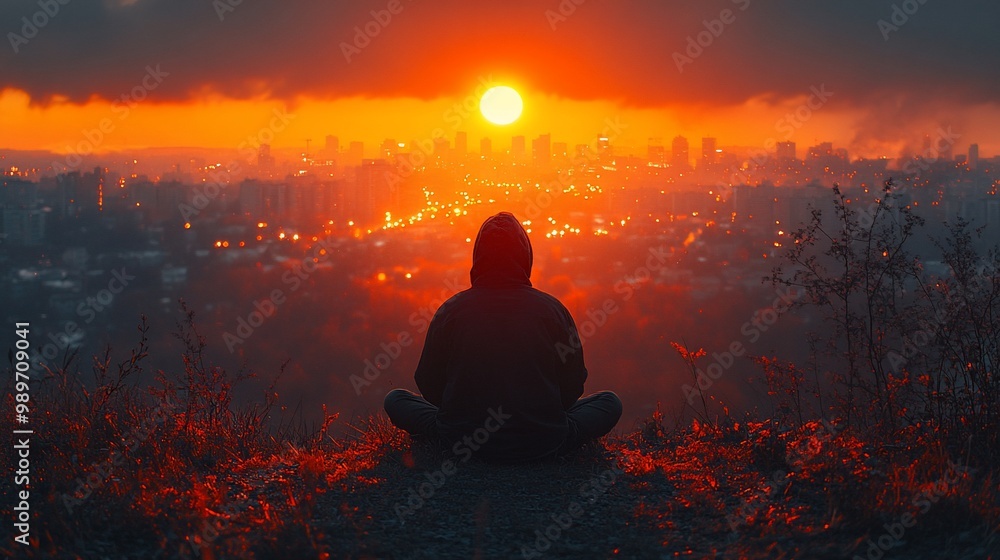 A lone figure sits in silhouette atop a hill, watching the sunrise over a distant city skyline. A lone figure sits in silhouette atop a hill, watching the sunrise over a distant city skyline.