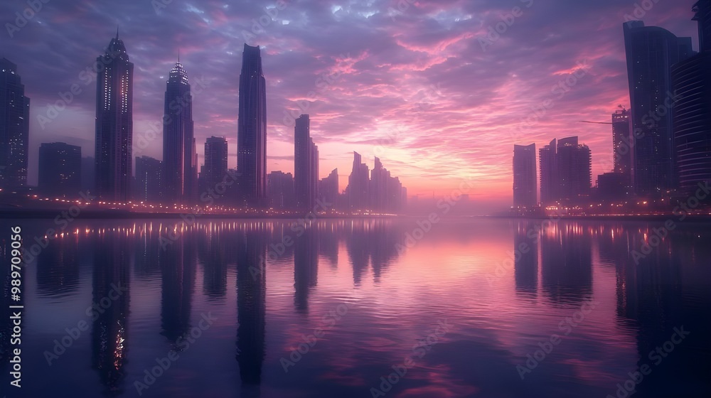 Fototapeta premium Morning mist over city with sun rising peaceful images