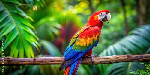 Colorful parrot with vibrant feathers perched on a branch in the rainforest, parrot, bird, feathers, colorful, tropical