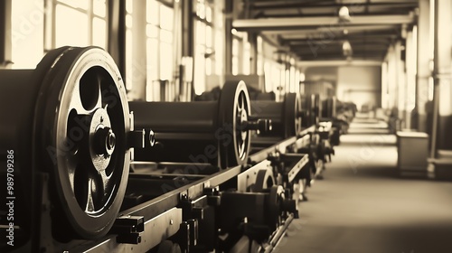 Close-Up of Industrial Machinery Wheels in Factory Production Line