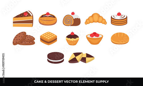 Cake, cookies, bread, croissant, desserts, pastries, sweet treats.